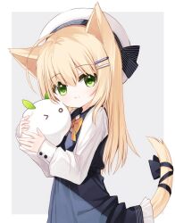 Rule 34 | &gt; o, 1girl, :t, ahoge, animal ears, beret, black bow, black dress, blonde hair, blush, bow, brown bow, cat ears, cat girl, cat tail, cheek press, closed mouth, collared shirt, commentary request, dress, frilled dress, frills, green eyes, grey background, hair between eyes, hair ornament, hairclip, hat, holding, long hair, long sleeves, looking at viewer, one eye closed, original, puffy long sleeves, puffy sleeves, shirt, sleeveless, sleeveless dress, sleeves past wrists, solo, tail, tail bow, tail ornament, two-tone background, very long hair, white background, white hat, white shirt, yuuhagi (amaretto-no-natsu)