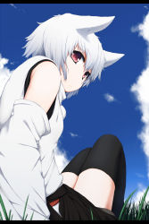 Rule 34 | 1girl, animal ears, bare shoulders, black legwear, day, detached sleeves, highres, inubashiri momiji, letterboxed, looking at viewer, looking back, nature, nejime, no headwear, pom pom (clothes), red eyes, short hair, silver hair, sitting, sky, solo, touhou, wolf ears, xide