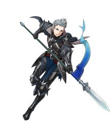 Rule 34 | 1boy, armor, armored boots, blue hair, boots, cape, fire emblem, fire emblem fates, fire emblem heroes, flag, full body, gloves, green eyes, highres, indesign, male focus, nintendo, official art, polearm, silas (fire emblem), solo, spear, teeth, transparent background, weapon
