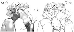 Rule 34 | 2017, 2020, 2girls, ass, bare shoulders, belly, breast press, breasts, butt crack, curvy, dated, elf-san wa yaserarenai., erufuda-san, greyscale, highres, hip focus, huge ass, kuroeda-san, looking at another, medium breasts, monochrome, multiple girls, open mouth, plump, pointy ears, sideboob, simple background, sketch, standing, symmetrical docking, synecdoche, then and now, thick thighs, thighs, underboob, white background, wide hips