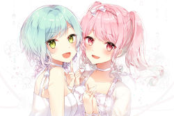 Rule 34 | 2girls, :d, aqua hair, bang dream!, blush, bow, bracelet, braid, choker, commentary request, green eyes, hair bow, hairband, hands up, highres, hikawa hina, holding hands, index finger raised, interlocked fingers, jewelry, looking at viewer, maruyama aya, multiple girls, open mouth, pink eyes, pink hair, side braids, sidelocks, smile, taya oco, twintails, upper body, water drop, white bow, white choker