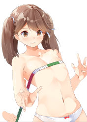 Rule 34 | 10s, 1girl, blush, bow, bow panties, breast conscious, brown hair, bust measuring, byte (allbyte), collarbone, flat chest, hair ribbon, highres, kantai collection, long hair, looking at viewer, measuring, navel, panties, red bow, ribbon, ryuujou (kancolle), simple background, solo focus, tape measure, tears, topless, tress ribbon, twintails, underwear, white background, white panties