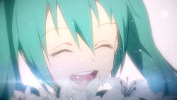 Rule 34 | 1girl, ^ ^, anime coloring, aqua hair, closed eyes, flower, hair between eyes, hatsune miku, highres, kieed, lens flare, lily (flower), long hair, open mouth, smile, solo, tears, twintails, vocaloid, white flower