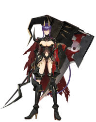Rule 34 | 1girl, abs, armor, armored boots, axe, black leotard, boots, breasts, clothing cutout, cluseller, food-themed hair ornament, full body, gauntlets, gluteal fold, gold horns, hair ornament, high heel boots, high heels, highres, horns, indie virtual youtuber, large breasts, leotard, looking at viewer, navel, navel cutout, oni horns, onigiri (vtuber) (3rd costume), onigiri (vtuber), onigiri hair ornament, purple hair, purple tail, short hair with long locks, shoulder armor, solo, spine, standing, tail, virtual youtuber, white background, yellow eyes
