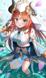 Rule 34 | 1girl, absurdres, aqua eyes, blue gemstone, blue skirt, blurry, breasts, circlet, depth of field, detached sleeves, fake horns, falling petals, gem, genshin impact, gold trim, harem outfit, highres, horns, large breasts, lily pad, long hair, looking at viewer, nilou (genshin impact), onabe no shime, petals, pond, red hair, skirt, smile, solo, thighlet, twintails, vision (genshin impact), wading, white headdress, white veil
