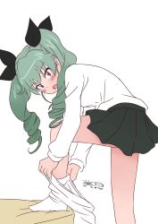 Rule 34 | 1girl, anchovy (girls und panzer), anzio school uniform, artist name, black ribbon, black skirt, blush, clothes pull, commentary, dress shirt, drill hair, foot up, girls und panzer, green hair, hair ribbon, hazuki haru, highres, leaning forward, long hair, long sleeves, looking at viewer, miniskirt, one-hour drawing challenge, open mouth, pantyhose, pantyhose pull, pleated skirt, pulling own clothes, red eyes, ribbon, school uniform, shirt, signature, simple background, skirt, solo, standing, twin drills, twintails, white background, white pantyhose, white shirt