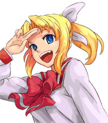 Rule 34 | 1girl, blonde hair, blue eyes, bow, fang, hair bow, miyauchi lemmy, open mouth, ponytail, school uniform, shibasaki shouji, short hair, simple background, smile, solo, to heart, to heart (series)