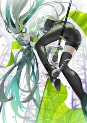 Rule 34 | 1girl, aqua eyes, boots, closed mouth, dot mouth, flag, from below, gloves, green hair, hatsune miku, headgear, highres, holding, holding flag, long hair, nik ibi, racing miku, racing miku (2022), solo, thigh boots, twintails, very long hair, vocaloid