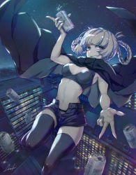 Rule 34 | 1girl, absurdres, beer can, black cape, black footwear, black nails, black shorts, blue eyes, blue nails, blunt bangs, boots, braid, breasts, breasts apart, building, can, cape, cleavage, cleavage cutout, clothing cutout, crop top, drink can, fang, flying, grey eyes, grey hair, highres, holding, holding can, lira mist, looking at viewer, medium breasts, midriff, nail polish, nanakusa nazuna (yofukashi no uta), navel, night, night sky, open clothes, open shorts, outdoors, panties, ringed eyes, short shorts, shorts, sky, solo, star (sky), starry sky, stomach, teeth, thighhighs, twin braids, underwear, vampire, yofukashi no uta, zettai ryouiki