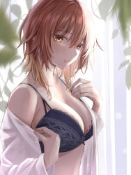 Rule 34 | 1girl, aketa mikoto, black bra, blurry, blurry foreground, bra, breasts, brown eyes, brown hair, cleavage, collarbone, commentary, day, eyelashes, gradient hair, hair between eyes, hands up, highres, idolmaster, idolmaster shiny colors, large breasts, long sleeves, looking at viewer, medium hair, multicolored hair, open clothes, parted lips, plant, short hair, single bare shoulder, solo, strap gap, sunlight, underwear, upper body, vines, yoshimoto (carpsukidayo)