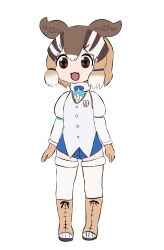 Rule 34 | 1girl, animal ears, boots, brown eyes, brown hair, chipmunk ears, chipmunk girl, extra ears, full body, gloves, highres, kemono friends, kemono friends v project, looking at viewer, mayo3432, microphone, parody, shirt, short hair, shorts, siberian chipmunk (kemono friends), simple background, solo, thighhighs, vest, virtual youtuber, voicevox, zundamon
