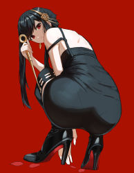Rule 34 | 1girl, absurdres, ass, ass focus, back, bare shoulders, beehive hairdo, black dress, black hair, black thighhighs, closed mouth, dagger, dress, earrings, flower, from behind, full body, hair flower, hair ornament, high heels, highres, holding, holding weapon, jewelry, knife, looking at viewer, looking back, oh kyoung hwan, pantylines, red background, red eyes, sidelocks, solo, spy x family, squatting, strap slip, thighhighs, weapon, yor briar
