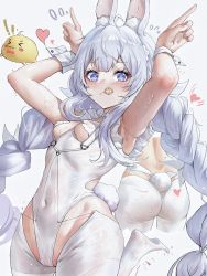 Rule 34 | !, !!, 1girl, animal ears, armpits, ass, azur lane, blue eyes, blue hair, blush, braid, breasts, closed mouth, condom, condom in mouth, covered navel, di qi gang guang, fake animal ears, feet out of frame, hands up, heart, heart print, highres, le malin (azur lane), le malin (listless lapin) (azur lane), leotard, light blue hair, long hair, looking at viewer, manjuu (azur lane), mouth hold, no shoes, official alternate costume, playboy bunny, rabbit ears, rabbit tail, silver hair, simple background, small breasts, smile, solo, standing, star-shaped pupils, star (symbol), sweat, symbol-shaped pupils, tail, thighhighs, twin braids, very long hair, white leotard, white thighhighs, zettai ryouiki