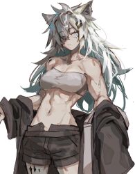 Rule 34 | 1girl, animal ear fluff, animal ears, antenna hair, arknights, bandeau, bare arms, bare shoulders, belt, biceps, black belt, black jacket, black shorts, breasts, cleavage, closed mouth, collarbone, commentary, cowboy shot, expressionless, grey eyes, grey hair, groin tendon, hair between eyes, hair ornament, hair over one eye, hairclip, highres, jacket, jacket partially removed, lappland (arknights), long hair, long sleeves, looking at viewer, material growth, medium breasts, messy hair, midriff, mutomorokoshi, navel, open clothes, open fly, open jacket, oripathy lesion (arknights), raised eyebrows, scar, scar across eye, scar on face, shadow, short shorts, shorts, simple background, sleeves past fingers, sleeves past wrists, solo, standing, stomach, strapless, toned, tube top, very long hair, white background, white bandeau, wide sleeves, wolf ears, wolf girl