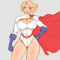 Rule 34 | absurdres, blonde hair, blue eyes, breasts, cape, cleavage, cleavage cutout, clothing cutout, gloves, grey background, highres, huge breasts, large breasts, lips, power girl, short hair, simmsy, thick thighs, thighs, wide hips