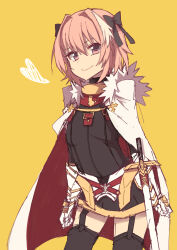 Rule 34 | 1boy, armored skirt, astolfo (fate), black bow, black shirt, black thighhighs, bow, cape, fate/apocrypha, fate/grand order, fate (series), fur-trimmed cape, fur trim, garter straps, gauntlets, hair bow, hair intakes, heart, highres, male focus, multicolored hair, oomori (kswmr), pink eyes, pink hair, purple eyes, scabbard, sheath, sheathed, shirt, short hair, smile, solo, streaked hair, sword, thighhighs, trap, two-sided cape, two-sided fabric, two-tone hair, weapon, white cape, white footwear, white hair, yellow background