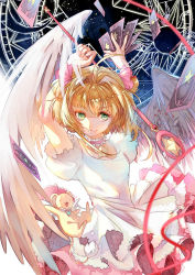 Rule 34 | 1girl, antenna hair, arms up, blonde hair, blurry, bright pupils, card, cardcaptor sakura, choker, depth of field, green eyes, hair intakes, hair ribbon, highres, holding, holding card, holding staff, kero (cardcaptor sakura), kinomoto sakura, long hair, magical girl, pink ribbon, pink skirt, ribbon, sakura card, shirt, short sleeves, skirt, solo, staff, standing, star (symbol), two side up, v-shaped eyebrows, white shirt, white wings, wings
