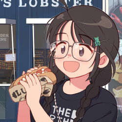 Rule 34 | 1girl, aragon honnin, bear, black hair, black shirt, blush, braid, commentary request, english text, food, food request, freckles, glasses, hair ornament, hairclip, highres, holding, holding food, idolmaster, idolmaster cinderella girls, lobster claw, long hair, okuyama saori, open mouth, print shirt, shirt, smile, solo, twin braids, twintails, upper body
