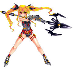 Rule 34 | 1girl, bardiche (nanoha), bardiche (zanber form) (nanoha), black bow, black gloves, black leotard, blonde hair, bow, breasts, covered navel, fate testarossa, floating hair, full body, gao (naodayo), gloves, hair between eyes, hair bow, highres, holding, holding polearm, holding weapon, leotard, long hair, looking at viewer, lyrical nanoha, mahou shoujo lyrical nanoha, polearm, red eyes, shiny skin, simple background, small breasts, solo, standing, thigh strap, twintails, v-shaped eyebrows, very long hair, weapon, white background