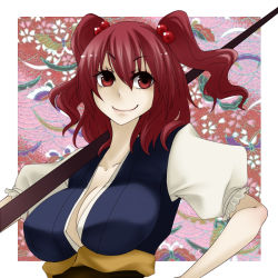 Rule 34 | 1girl, breasts, cleavage, female focus, large breasts, onozuka komachi, red eyes, red hair, scythe, shimizu kokeshi, short hair, solo, touhou, twintails, two side up