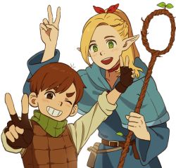 Rule 34 | 1boy, 1girl, armor, blonde hair, blue robe, brown eyes, brown hair, chilchuck tims, dungeon meshi, elf, green eyes, grin, halfling, jo4hedan, leather armor, marcille donato, pointy ears, ponytail, robe, smile, staff, v
