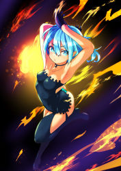 Rule 34 | 1girl, armpits, arms up, ass, black gloves, blue eyes, blue hair, boots, bright pupils, dress, fire, fujisawa takashi, gloves, half gloves, jewelry, necklace, original, panties, solo, strapless, strapless dress, thigh boots, thighhighs, underwear, white pupils
