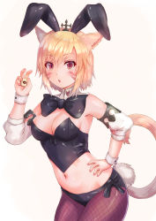 Rule 34 | 1girl, :o, absurdres, animal ears, armpits, bare shoulders, black bow, black bowtie, blonde hair, blush, bow, bowtie, breasts, brown pantyhose, cat ears, cat tail, cleavage, cocoasabure, contrapposto, cowboy shot, crop top, detached collar, detached sleeves, facial mark, final fantasy, final fantasy xiv, fishnet pantyhose, fishnets, hair between eyes, hair ornament, hand on own hip, hand up, highres, holding, latex, leaning forward, looking at viewer, medium breasts, midriff, miqo&#039;te, nail polish, navel, pantyhose, parted lips, pink nails, rabbit ears, rabbit tail, red eyes, short hair, sidelocks, simple background, solo, standing, stomach, tail, white background, wrist cuffs