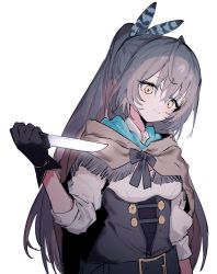 Rule 34 | 1girl, absurdres, belt, black bow, black bowtie, black gloves, bow, bowtie, brown cloak, brown hair, cloak, corset, ddari, feather hair ornament, feathers, gloves, hair ornament, highres, holding, holding knife, hololive, hololive english, knife, long hair, nanashi mumei, ponytail, shirt, simple background, solo, upper body, virtual youtuber, white background, white shirt, yellow eyes
