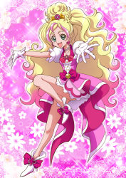 Rule 34 | 1girl, :d, blonde hair, bow, brooch, choker, cure flora, earrings, full body, gloves, go! princess precure, green eyes, half updo, hanzou, haruno haruka, jewelry, long hair, magical girl, multicolored hair, open mouth, outstretched hand, pink background, pink bow, pink hair, pink skirt, pink theme, precure, shoes, skirt, smile, solo, standing, standing on one leg, streaked hair, two-tone hair, waist bow