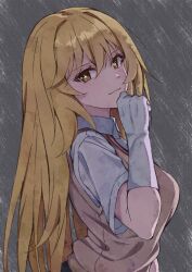 Rule 34 | 1girl, blonde hair, breasts, brown eyes, brown sweater vest, closed mouth, collared shirt, commentary, elbow gloves, from side, gloves, hair between eyes, hand on own chin, highres, komura hiroto, large breasts, long hair, looking at viewer, looking to the side, outdoors, rain, school uniform, shirt, shokuhou misaki, short sleeves, smile, solo, star-shaped pupils, star (symbol), summer uniform, sweater vest, symbol-shaped pupils, toaru kagaku no mental out, toaru kagaku no railgun, toaru majutsu no index, tokiwadai school uniform, upper body, very long hair, wet, wet clothes, wet shirt, white gloves, white shirt