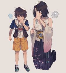 Rule 34 | !, 1boy, 1girl, 234 (1234!), aged down, bare shoulders, black footwear, blush stickers, brown hair, closed eyes, cross-laced footwear, detached sleeves, final fantasy, final fantasy x, finger in own mouth, floral print, full body, grey background, heterochromia, highres, jacket, jewelry, looking at another, necklace, obi, pinky ring, ring, sash, shirt, shoes, short hair, short sleeves, shorts, simple background, skirt, sneakers, spoken exclamation mark, standing, tidus, time paradox, whistling, wide sleeves, yuna