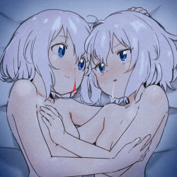 2girls, 9so (ponchon), bed sheet, blood, blue eyes, breasts, commentary, drooling, eye contact, grey hair, hug, ikeda chitose, ikeda chizuru, incest, looking at another, multiple girls, nosebleed, nude, short hair, siblings, sisters, small breasts, smile, twins, upper body, yuri, yuru yuri