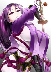 Rule 34 | 1girl, bodysuit, breasts, fate/grand order, fate (series), highres, hip focus, katana, large breasts, lips, long hair, looking at viewer, mattari yufi, minamoto no raikou (fate), parted lips, purple eyes, raised eyebrows, smile, solo, sword, very long hair, weapon