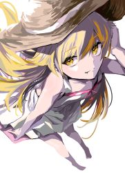 Rule 34 | 1girl, :3, absurdres, bakemonogatari, blonde hair, bow, closed mouth, commentary, dress, dress bow, fang, floating hair, foreshortening, hat, highres, long hair, looking at viewer, looking up, monogatari (series), oshino shinobu, perspective, pink ribbon, ribbon, simple background, sleeveless, sleeveless dress, smile, solo, straw hat, sun hat, sundress, upturned eyes, white background, white dress, yellow eyes, yoruirooo777