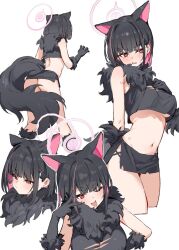 1girl animal_ears ass back black_gloves black_hair black_shirt black_skirt blue_archive blush breasts cat_ears colored_inner_hair cropped_shirt elbow_gloves extra_ears fur-trimmed_gloves fur_scarf fur_trim gloves halo highres kazusa_(blue_archive) kazusa_(halloween)_(blue_archive) looking_at_viewer looking_to_the_side medium_breasts midriff miniskirt multicolored_hair multiple_views navel one_eye_closed open_mouth pink_hair red_eyes shirt short_hair simao_(x_x36131422) skirt sleeveless sleeveless_shirt tail thighs tongue tongue_out werewolf_costume wolf_tail