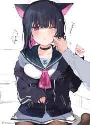 Rule 34 | 1girl, 1other, absurdres, animal ears, bell, black choker, black hair, black jacket, black sailor collar, blue archive, blush, breasts, cat ears, cheek pinching, choker, collarbone, colored inner hair, commentary request, cowboy shot, dot nose, hair ornament, hairclip, halo, hand up, highres, hood, hood down, hooded jacket, jacket, kazusa (blue archive), long bangs, long sleeves, looking at another, medium breasts, multicolored hair, neck bell, neckerchief, off shoulder, one eye closed, out of frame, pantyhose, parted lips, pinching, pink hair, pink neckerchief, pleated skirt, red eyes, sailor collar, short hair, sidelocks, simple background, sitting, skirt, sleeves past wrists, solo, solo focus, sweatdrop, two-tone hair, white background, white skirt, yukari (rihenara doll), zipper, zipper pull tab