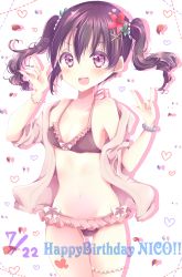 Rule 34 | 10s, 1girl, absurdres, artist name, artist request, bikini, black hair, blush, bow, bracelet, breasts, character name, cleavage, dated, double v, earrings, female focus, flower, frilled bikini, frills, gluteal fold, hair flower, hair ornament, heart, highres, jacket, jewelry, looking at viewer, love live!, love live! school idol project, medium hair, navel, nekomeron, nico nico nii, open mouth, petals, pink jacket, red bow, red eyes, red flower, shadow, small breasts, smile, solo, standing, swimsuit, twintails, v, watermelon earrings, white background, x hair ornament, yazawa nico