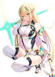 Rule 34 | 1girl, adapted costume, aegis sword (xenoblade), blonde hair, breasts, chest jewel, daive, earrings, elbow gloves, gloves, highres, jewelry, large breasts, long hair, mythra (xenoblade), short shorts, shorts, solo, swept bangs, sword, thighhighs, tiara, very long hair, weapon, white gloves, xenoblade chronicles (series), xenoblade chronicles 2, yellow eyes