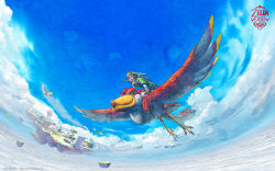 Rule 34 | 10s, 1boy, 2011, bird, cloud, day, floating island, flying, harness, highres, horizon, link, loftwing, male focus, nintendo, official art, official wallpaper, riding, shield, shield on back, sky, solo, sword, the legend of zelda, the legend of zelda: skyward sword, wallpaper, watermark, weapon, web address