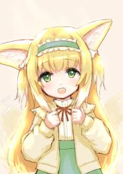 Rule 34 | 1girl, :d, animal ear fluff, animal ears, arknights, blonde hair, cardigan, colored tips, commentary request, fox ears, fox girl, fox tail, green eyes, green skirt, high-waist skirt, kitsune, kujou ryuu, kyuubi, long hair, long sleeves, looking at viewer, multicolored hair, multiple tails, neck ribbon, official alternate costume, open mouth, puffy long sleeves, puffy sleeves, red ribbon, ribbon, shirt, skirt, smile, solo, suzuran (arknights), suzuran (spring praise) (arknights), tail, teeth, upper body, upper teeth only, white hair, white shirt, yellow cardigan