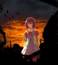 Rule 34 | 1girl, absurdres, backlighting, bad id, bad pixiv id, balloon, bare shoulders, belt, bird, bow, bowtie, buttons, choker, closed mouth, cloud, cloudy sky, collarbone, debris, detached sleeves, dress, fingernails, frills, highres, long fingernails, looking at viewer, orange sky, original, purple hair, reaching, reaching towards viewer, red eyes, sgb, short hair, sky, smile, solo, standing, sunset, upper body