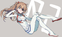 Rule 34 | 1girl, artist request, blue eyes, blush, bodysuit, breasts, brown hair, covered navel, cowboy shot, evangelion: 3.0+1.0 thrice upon a time, eyepatch, full body, gloves, hair ornament, kneeling, long hair, looking at viewer, neon genesis evangelion, one eye covered, plugsuit, rebuild of evangelion, skin tight, small breasts, solo, souryuu asuka langley, twintails, two side up, very long hair, white bodysuit, white gloves