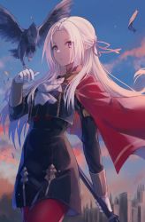 Rule 34 | .com (bot com1), 1girl, animal, ascot, axe, bird, black dress, cape, closed eyes, closed mouth, cloud, commentary request, dress, eagle, edelgard von hresvelg, eyes visible through hair, feathers, fire emblem, fire emblem: three houses, forehead, garreg mach monastery uniform, gloves, hair ribbon, highres, holding, holding axe, holding weapon, lips, long hair, long sleeves, looking at viewer, nintendo, outdoors, pantyhose, purple eyes, purple ribbon, red cape, red pantyhose, ribbon, sidelocks, sky, solo, uniform, upper body, weapon, white ascot, white gloves, white hair