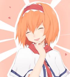 Rule 34 | 1girl, alice margatroid, blush, capelet, closed eyes, commentary, cookie (touhou), frilled hairband, frilled neckwear, frills, hair between eyes, hairband, heart, highres, hinase (cookie), necktie, open mouth, orange hair, red hairband, red necktie, rizeass, short hair, smile, solo, touhou, upper body, white capelet
