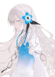 Rule 34 | 1girl, blue flower, blue hair, dress, expressionless, flower, grey eyes, grey hair, hair flower, hair ornament, highres, isekai joucho, kamitsubaki studio, long hair, looking at viewer, multicolored hair, parted lips, sideways glance, simple background, solo, tsukugu, two-tone hair, upper body, virtual youtuber, white background