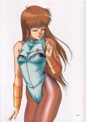 Rule 34 | 1980s (style), 1girl, adjusting hair, armlet, bracer, breasts, brown pantyhose, closed eyes, dangaiou, flat chest, highleg, highleg leotard, hirano toshihiro, leotard, lipstick, long hair, makeup, mia alice, oldschool, pantyhose, retro artstyle, shiny clothes, simple background, small breasts, smile, solo, standing, turtleneck