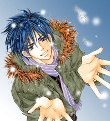 Rule 34 | 1boy, blue hair, feathers, from above, fur trim, green eyes, jacket, kaito (vocaloid), looking at viewer, male focus, purple scarf, scarf, short hair, smile, snowing, solo, striped clothes, striped scarf, torisugarino, traditional media, vocaloid, yuki hazumi