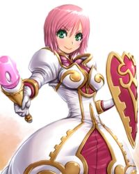 Rule 34 | 1girl, amania orz, breasts, closed mouth, dress, estellise sidos heurassein, gloves, green eyes, looking at viewer, medium breasts, pink hair, shield, short hair, simple background, smile, solo, tales of (series), tales of vesperia, weapon