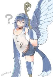 Rule 34 | ?, animal ears, belt, bird ears, bird legs, bird tail, blue eyes, blue hair, blue wings, choker, commentary, commentary request, feathered wings, feathers, flat chest, harpy, highres, monster girl, original, rnd.jpg (artist), short shorts, shorts, simple background, split, standing, standing on one leg, standing split, tail, talons, tank top, thighs, twitter username, winged arms, wings