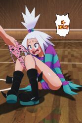 Rule 34 | 1girl, aqua eyes, bangs pinned back, blush, boots, creatures (company), dress, embarrassed, emphasis lines, english text, euf-dreamer, eyelashes, female focus, forehead, full-face blush, full body, game freak, gym leader, hair bobbles, hair ornament, high ponytail, highres, humiliation, indoors, knees together feet apart, legs, long hair, long sleeves, looking at another, neck, nintendo, open mouth, panties, panty pull, pervert, pigeon-toed, pink panties, pokemon, pokemon bw2, print panties, punk, roxie (pokemon), sidelocks, sitting, skull print, speech bubble, spiked hair, striped clothes, striped dress, thighs, underwear, v arms, white hair, wide-eyed